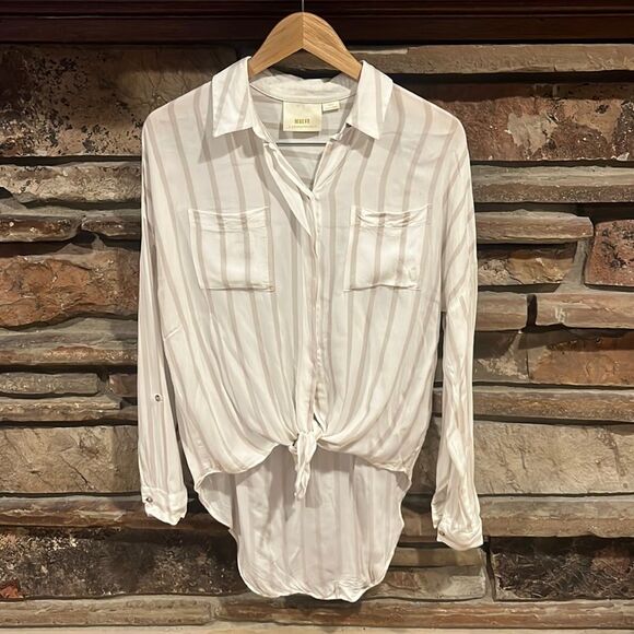 Maeve by Anthropologie Striped Tie Front High Low Button Down Shirt - Picture 1 of 9